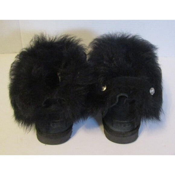 UGG Valentina Ankle Boots Black Suede Fluff Collar Rhinestone Button Lined Sz 5 - Picture 4 of 7